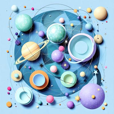 The primary subject of the image is a colorful and detailed illustration of various planets and celestial bodies. The setting is a blue background, which provides a contrasting and visually appealing backdrop for the planets. The visual style is a combination of digital art and illustration, creating a vibrant and detailed representation of the planets. The colors and mood of the image are predominantly bright and cheerful, with the use of various shades of blue, green, and orange to represent the different plan